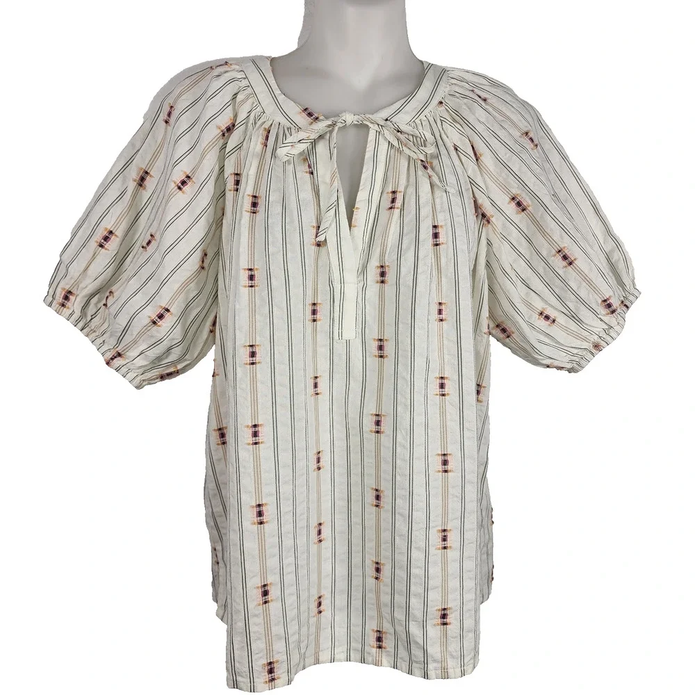Loft Womens Blouse Ivory Clip Striped Tie Neck Embroidered Short Puff Sleeve S